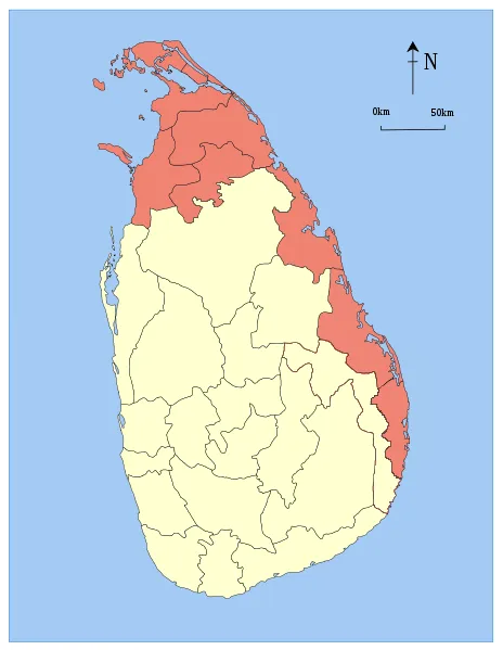 The North-East in 1911. The region highlighted in red is over 99% Tamil speaking. Source: The census of Ceylon, 1911, Colombo